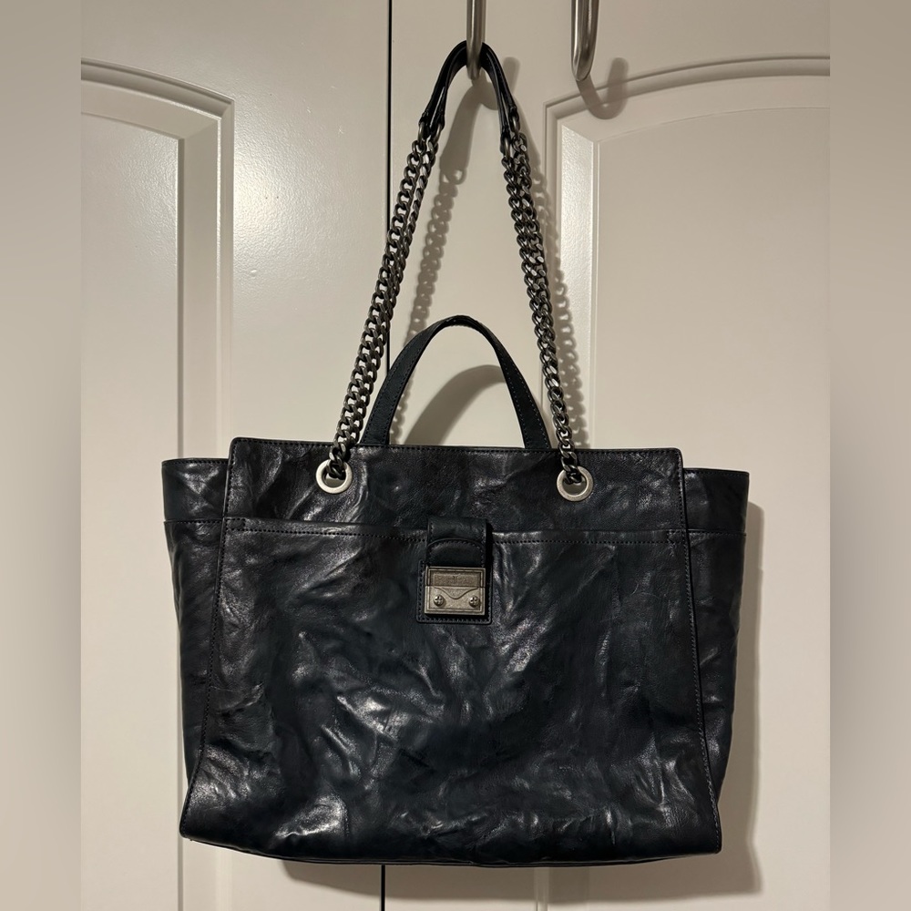 FRYE Navy Metallic Leather Ella Double Handle Crossbody Handbag